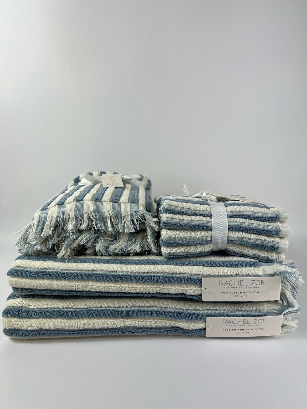 Rachel Zoe Bath Towel Set Blue White Striped with Fringe Soft Cotton 8 Pc NEW